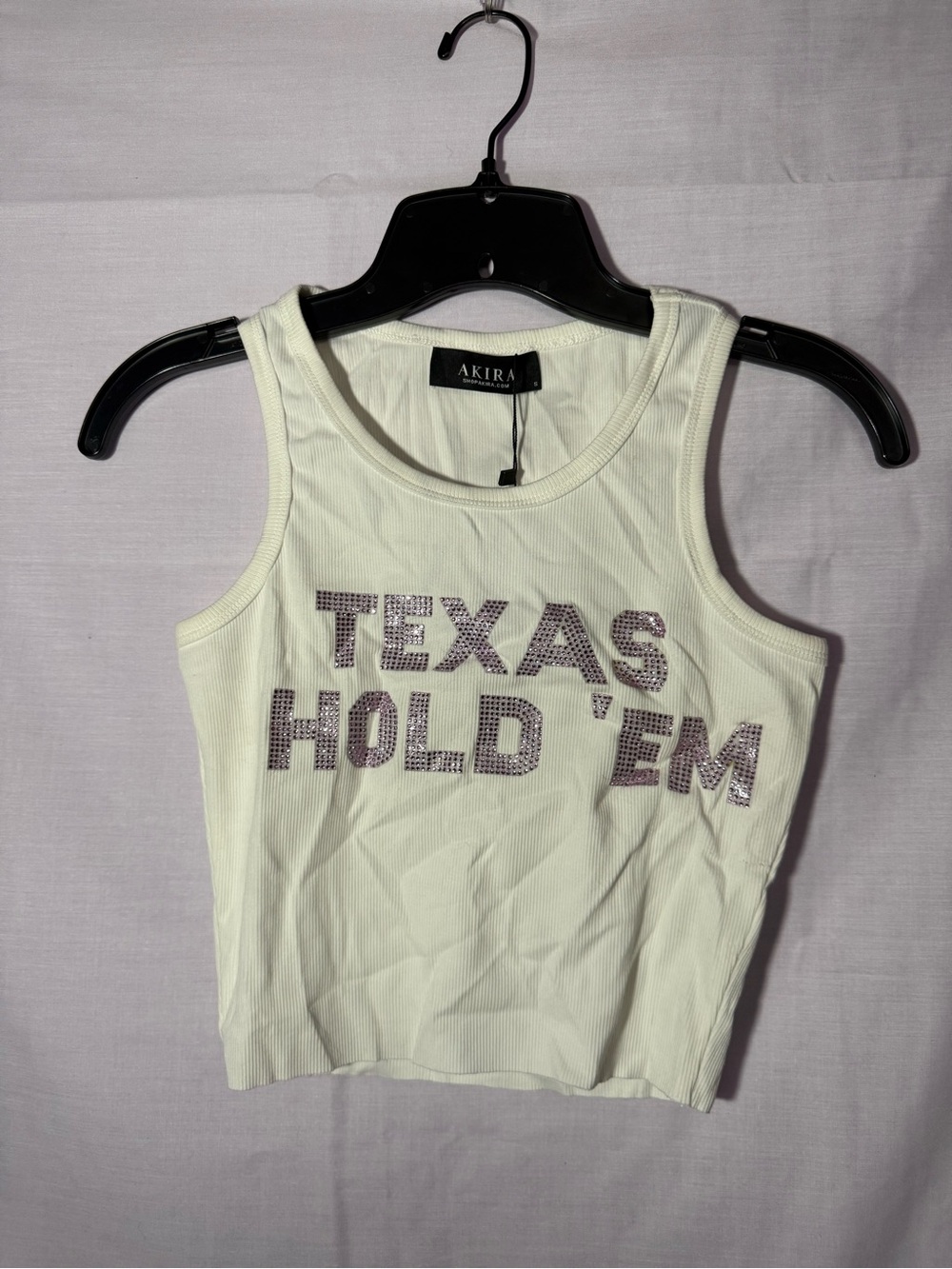 AKIRA White Ribbed Tank with Rhinestone 'Texas Hold 'Em' Text